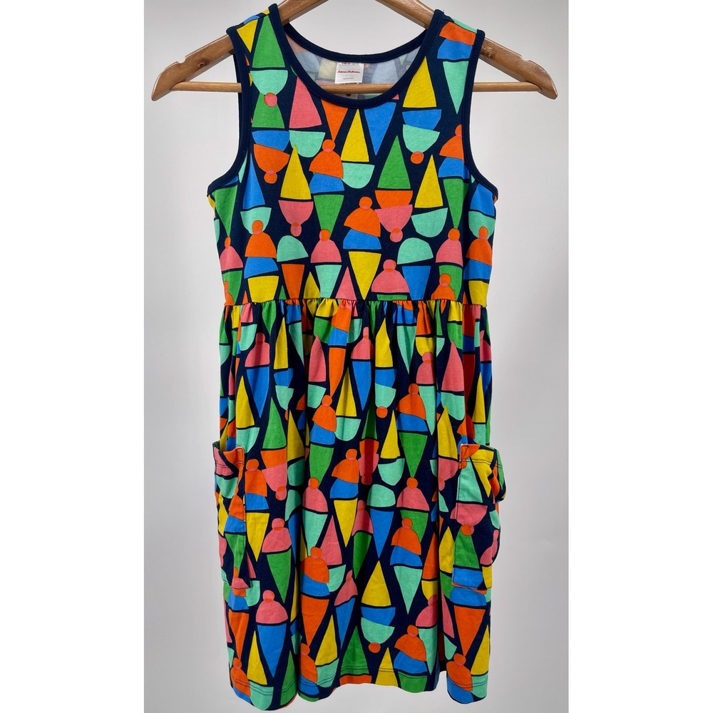 Hanna‎ Andersson Dress Girls 10 Multicolor Geometric Cotton Sleeveless Pockets